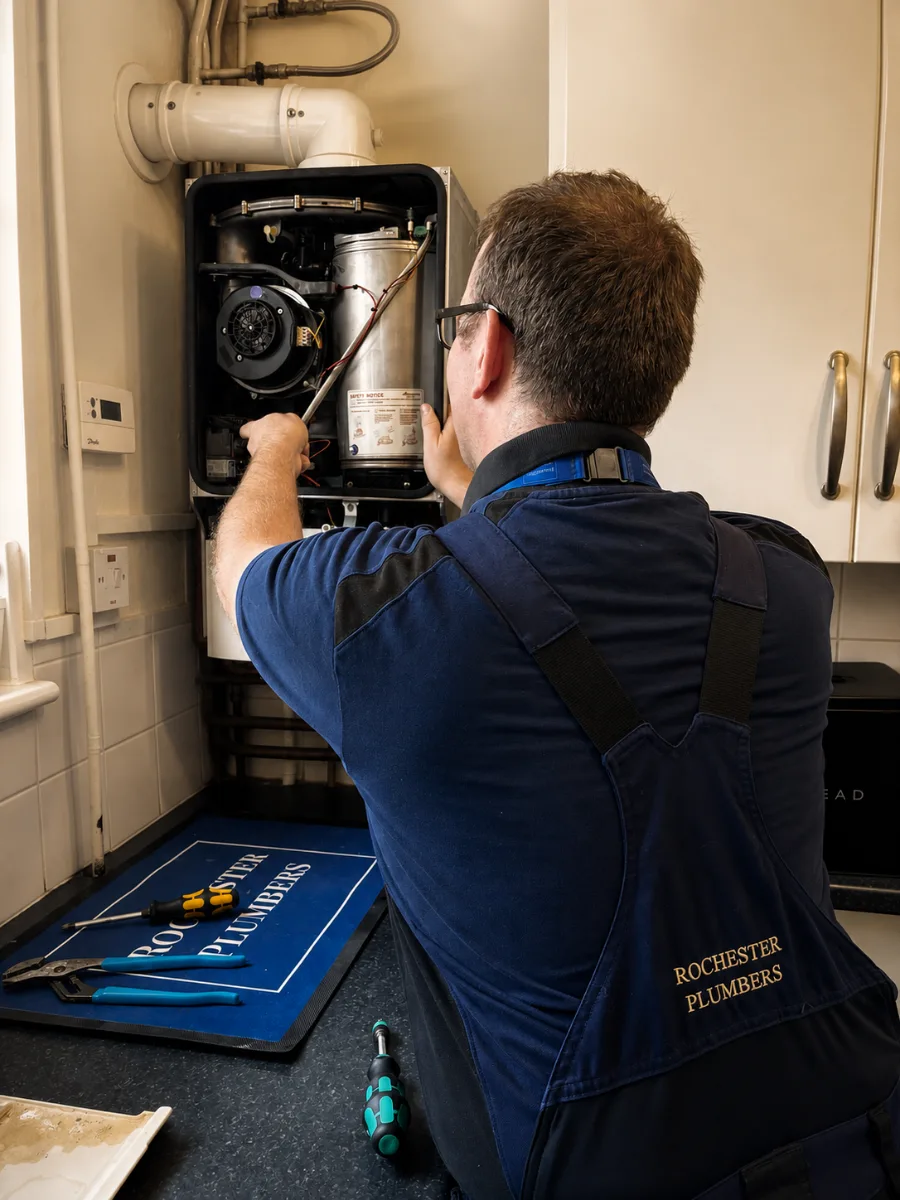 Rochester Plumbers engineer carrying out a boiler repair
