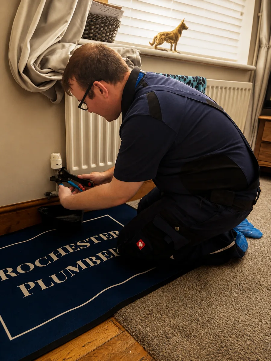 Rochester Plumbers engineer working on a radiator
